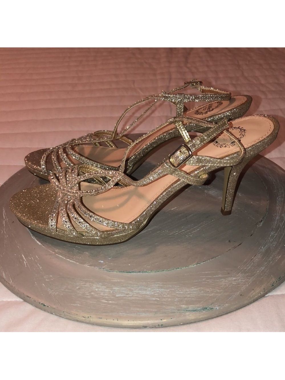 I. Miller 9.5 Sparkling Glitter Gold with Gemstones Strap Heeled Pumps Sandals